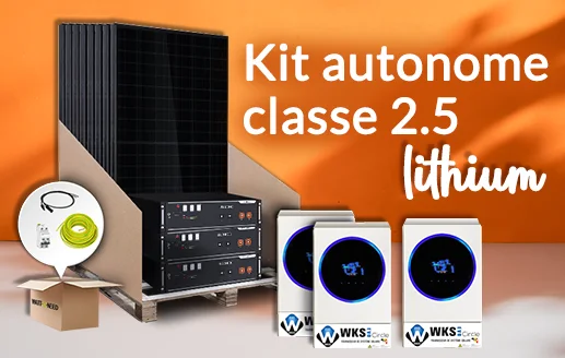 Kit solaire autonome classe 2.5 lithium contenant 30 panneaux rigides, trois onduleurs WKS EVO Circle 5.6 kVa, trois batteries lihtium US5000 au prix de 11 799,43 € TTC